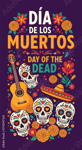 Flat style illustration of Día de los Muertos poster with sugar skulls, sombreros, and guitar, celebrating Mexican Day of the Dead, culture, remembrance, and festive tradition