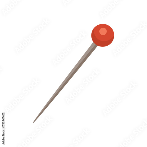 Flat vector illustration of a red sewing pin with metallic needle, simple isolated cartoon clipart.