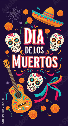 Flat style illustration of Día de los Muertos poster with sugar skulls, sombreros, and guitar, celebrating Mexican Day of the Dead, culture, remembrance, and festive tradition