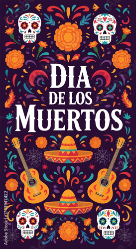 Flat style illustration of Día de los Muertos poster with sugar skulls, sombreros, and guitar, celebrating Mexican Day of the Dead, culture, remembrance, and festive tradition