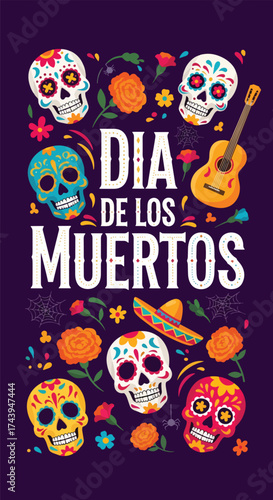 Flat style illustration of Día de los Muertos poster with sugar skulls, sombreros, and guitar, celebrating Mexican Day of the Dead, culture, remembrance, and festive tradition