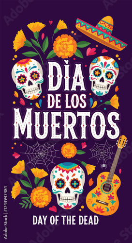 Flat style illustration of Día de los Muertos poster with sugar skulls, sombreros, and guitar, celebrating Mexican Day of the Dead, culture, remembrance, and festive tradition