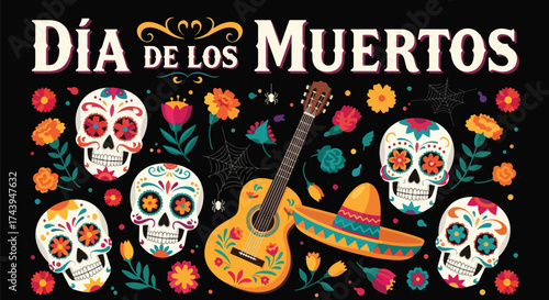 Flat style illustration of Día de los Muertos poster with sugar skulls, sombreros, and guitar, celebrating Mexican Day of the Dead, culture, remembrance, and festive tradition