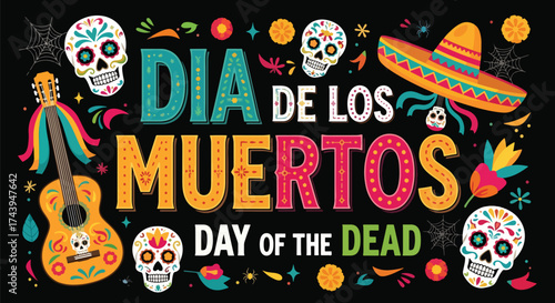Flat style illustration of Día de los Muertos poster with sugar skulls, sombreros, and guitar, celebrating Mexican Day of the Dead, culture, remembrance, and festive tradition