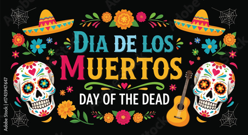 Flat style illustration of Día de los Muertos poster with sugar skulls, sombreros, and guitar, celebrating Mexican Day of the Dead, culture, remembrance, and festive tradition