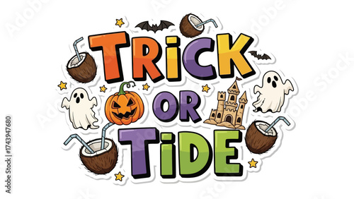 Halloween Celebration: A vibrant Halloween-themed graphic that bursts with the essence of fun. The Trick or Tide text takes center stage, encircled by classic festive elements. 