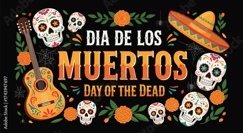 Flat style illustration of Día de los Muertos poster with sugar skulls, sombreros, and guitar, celebrating Mexican Day of the Dead, culture, remembrance, and festive tradition