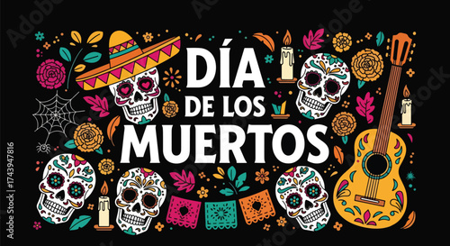 Flat style illustration of Día de los Muertos poster with sugar skulls, sombreros, and guitar, celebrating Mexican Day of the Dead, culture, remembrance, and festive tradition