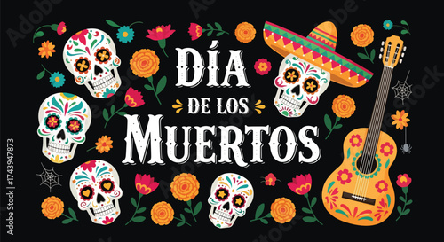 Flat style illustration of Día de los Muertos poster with sugar skulls, sombreros, and guitar, celebrating Mexican Day of the Dead, culture, remembrance, and festive tradition