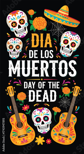Flat style illustration of Día de los Muertos poster with sugar skulls, sombreros, and guitar, celebrating Mexican Day of the Dead, culture, remembrance, and festive tradition