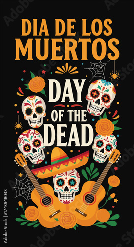 Flat style illustration of Día de los Muertos poster with sugar skulls, sombreros, and guitar, celebrating Mexican Day of the Dead, culture, remembrance, and festive tradition