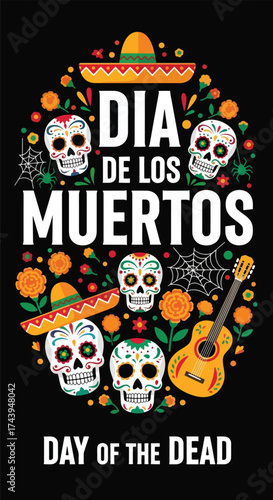 Flat style illustration of Día de los Muertos poster with sugar skulls, sombreros, and guitar, celebrating Mexican Day of the Dead, culture, remembrance, and festive tradition