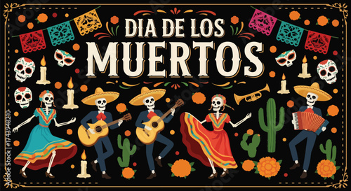 Flat style illustration of Día de los Muertos celebration with dancing skeletons, musicians, candles, and flowers, representing Mexican culture, remembrance, and festive holiday traditions