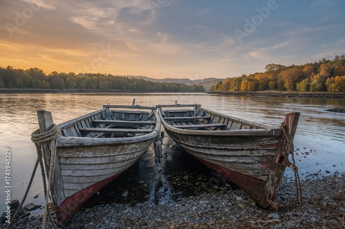 A chilly fall dawn with vintage wooden vessels near the riverbank