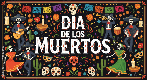 Flat style illustration of Día de los Muertos celebration with dancing skeletons, musicians, candles, and flowers, representing Mexican culture, remembrance, and festive holiday traditions