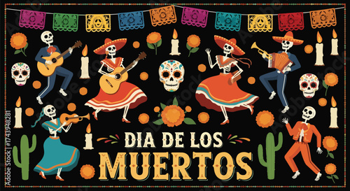 Flat style illustration of Día de los Muertos celebration with dancing skeletons, musicians, candles, and flowers, representing Mexican culture, remembrance, and festive holiday traditions