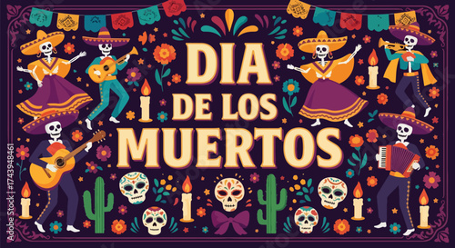 Flat style illustration of Día de los Muertos celebration with dancing skeletons, musicians, candles, and flowers, representing Mexican culture, remembrance, and festive holiday traditions