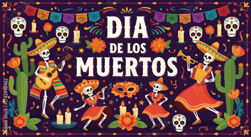 Flat style illustration of Día de los Muertos celebration with dancing skeletons, musicians, candles, and flowers, representing Mexican culture, remembrance, and festive holiday traditions