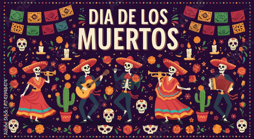 Flat style illustration of Día de los Muertos celebration with dancing skeletons, musicians, candles, and flowers, representing Mexican culture, remembrance, and festive holiday traditions