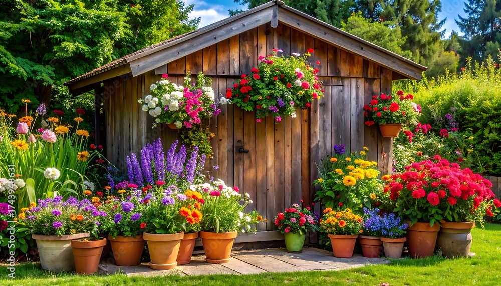 Fototapeta premium Beautiful Garden Shed Surrounded by Colorful Flowers and Plants.
