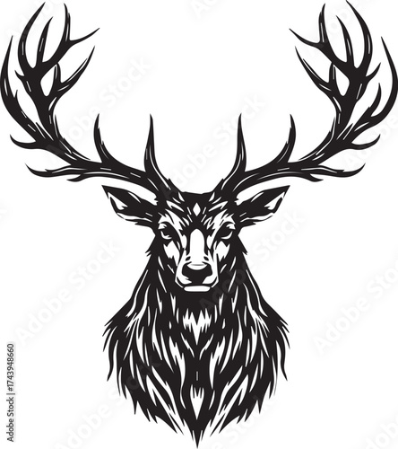 Black and white vector illustration of stag head with symmetrical antlers and stylized fur detail