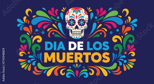 Flat style illustration of Día de los Muertos poster with sugar skull and floral decorations, celebrating Mexican culture, remembrance, and colorful traditional holiday design