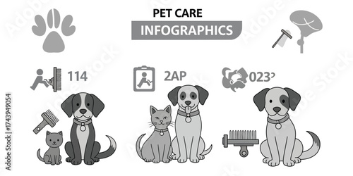 Pet Care Infographics with Dogs, Cats, and Grooming Tools.