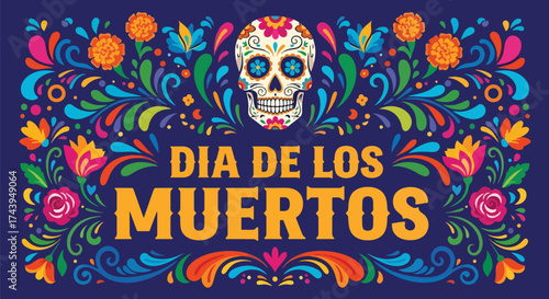 Flat style illustration of Día de los Muertos poster with sugar skull and floral decorations, celebrating Mexican culture, remembrance, and colorful traditional holiday design