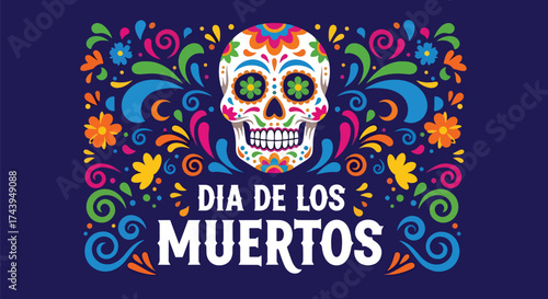 Flat style illustration of Día de los Muertos poster with sugar skull and floral decorations, celebrating Mexican culture, remembrance, and colorful traditional holiday design