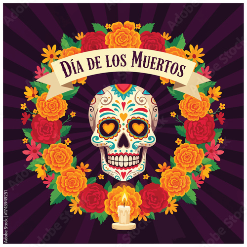 Flat style illustration of a colorful sugar skull with floral wreath and candle for Día de los Muertos, representing Mexican culture, remembrance, and festive holiday traditions