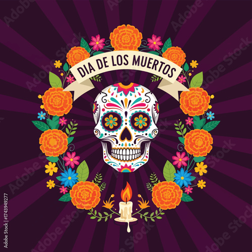 Flat style illustration of a colorful sugar skull with floral wreath and candle for Día de los Muertos, representing Mexican culture, remembrance, and festive holiday traditions