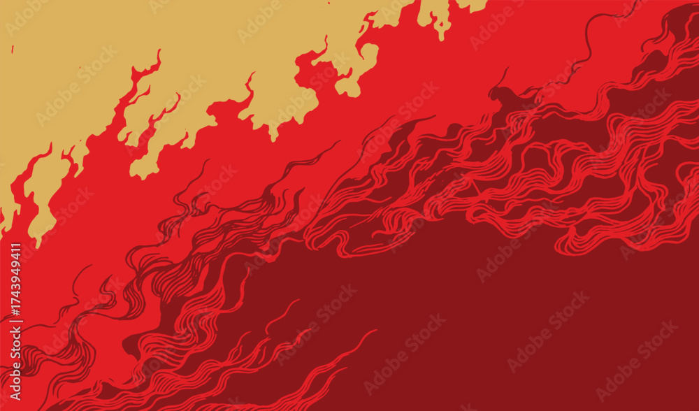 Εκτύπωση καμβά Hand drawn brush lines Japanese inspired fire background with flowing red flames and gold smoke