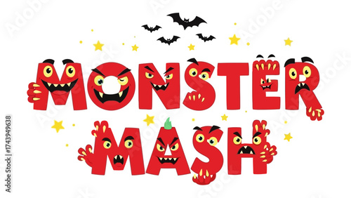 Monster Mash Design: A vibrant and playful illustration featuring monstrous letters spelling out Monster Mash, evoking a sense of fun and excitement. Includes whimsical elements like bats and stars. 