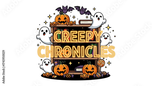 Creepy Chronicles: A Spooky Halloween illustration featuring charming ghosts and pumpkins.