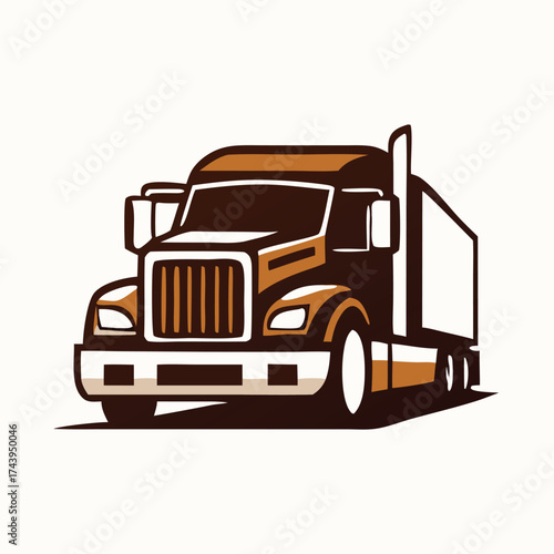 Stylized brown semitruck with white trailer conveys transportation and industry on white