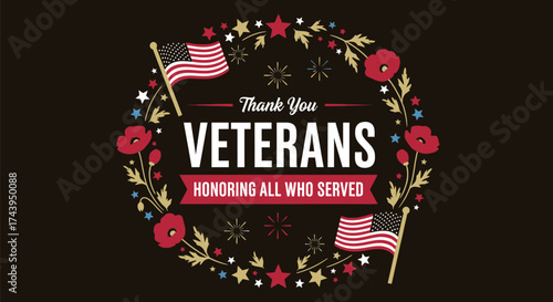 Honoring veterans with a patriotic wreath and American flags, celebrating service and sacrifice