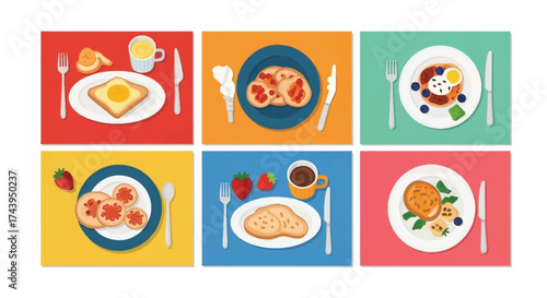 Top View of Six Different Breakfast Plates with Food and Drinks