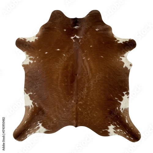 Brown and white natural cowhide rug for luxury flooring and interior design texture isolated PNG with Transparent Background
