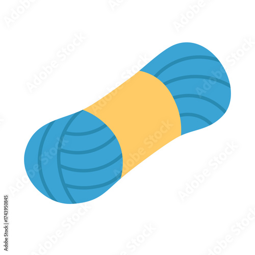 Flat vector illustration of a blue yarn skein with a yellow label, used for sewing and crafts.