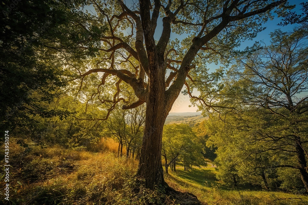 Fototapeta premium Beautiful Landscape Featuring Ancient Tree Amidst Lush Forest Under Bright Sunlight