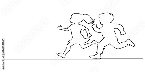Running girl in continuous line art drawing style. Front view of running female child in a dress. Black linear sketch isolated on white background. Vector illustration