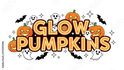 Glow Pumpkins Illustration: A delightful scene for Halloween, featuring the text Glow Pumpkins, surrounded by smiling jack-o'-lanterns, friendly ghosts, and fluttering bats.