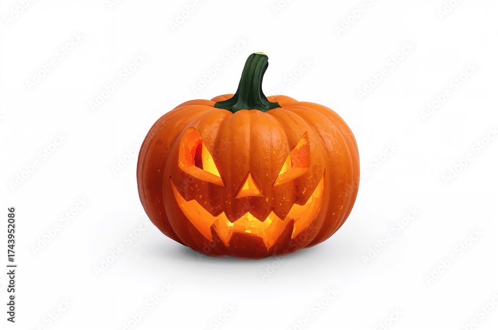 Obraz premium Spooky carved pumpkin lantern on a white background. Festive Halloween ornament