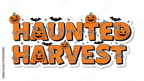 Haunted Harvest: Festive illustration of a playful Halloween gathering, featuring pumpkins, bats, and a spirited celebration. evoking a sense of seasonal fun and spooky delight.