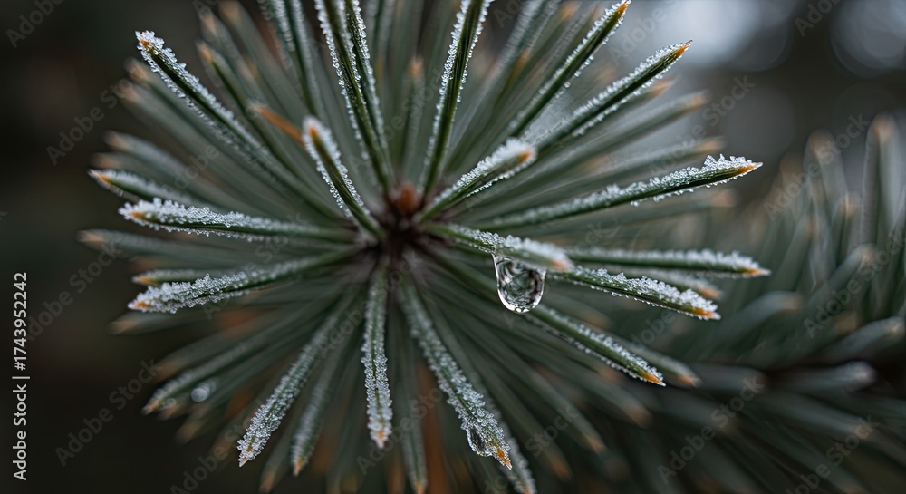 Fototapeta premium Frozen Pine Branch with Water Droplets Close Up Macro Winter Frost