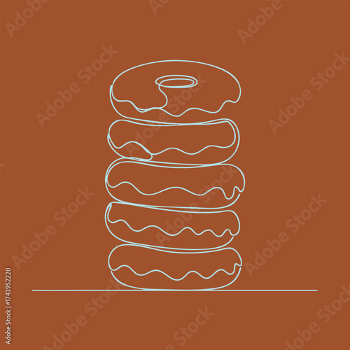 Stack of six donuts with various icing styles and a hole at the top, depicted with a continuous line art style on a brown