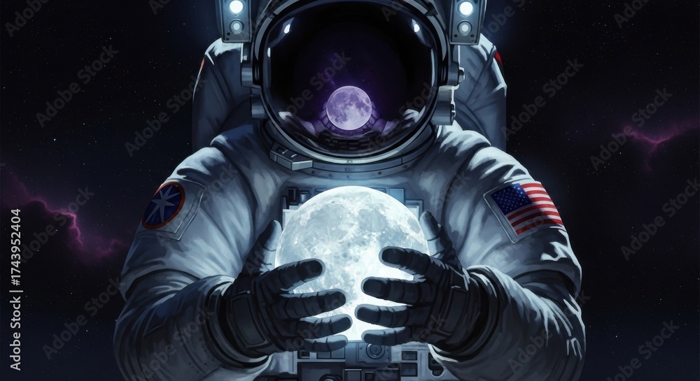 Fototapeta premium Astronaut holding a luminous moon in deep space