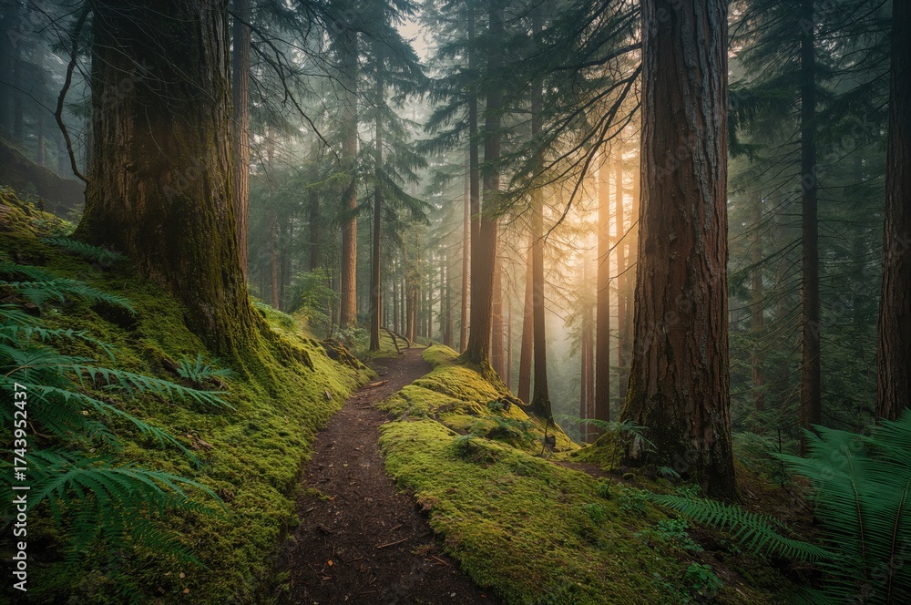 Obraz premium Lush forest trail featuring moss, sword ferns, cedar, and fir trees