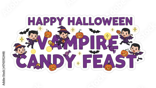 Happy Halloween Candy Feast: A delightful design, perfect for the Halloween season. Filled with playful vampires and cheerful pumpkins, it is a celebration of spooky fun and candy treats