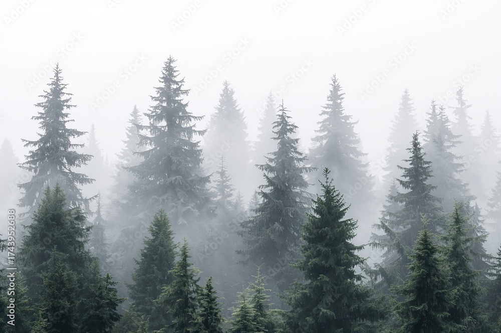 Fototapeta premium Continuous design featuring misty conifer woods. Pine trees set against a white backdrop.